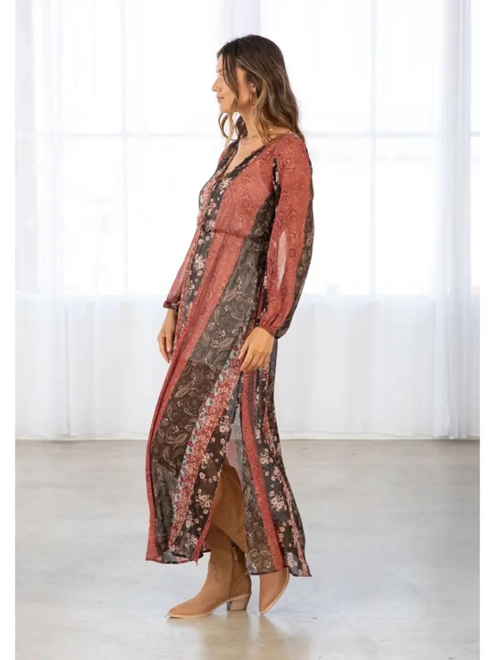 LOVESTITCH Women's Long Sleeve Boho Maxi Dress in Rust and Brown